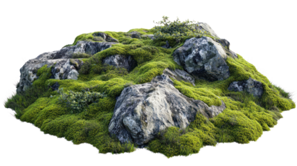 A lush green mound of soft moss enveloping rugged rocks, showcasing the beauty of nature's textures and colors in a serene outdoor setting.