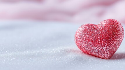 Fototapeta premium Sparkling pink heart on soft fabric surface with elegant dew-like texture and romantic glow