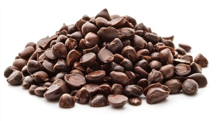 Fototapeta premium Pile of Dark Chocolate Chips on White Background for Baking Use