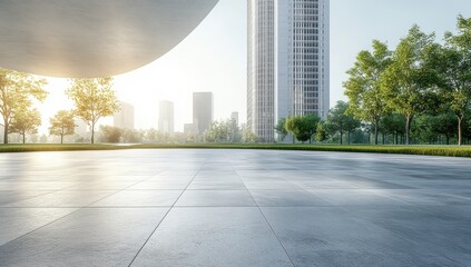 Fototapeta premium Modern urban landscape with sleek architectural structures, lush greenery, and a serene atmosphere showcasing a vibrant city during a sunny day with clear skies