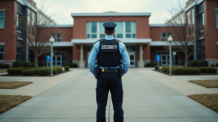 A security guard stands vigilant outside a school, ensuring safety and order on campus.