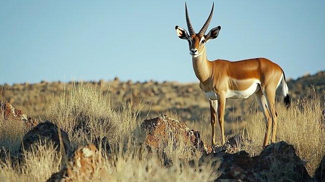 Gazelle standing on rocks in dry African savanna at sunrise.