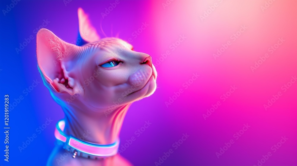 Wall mural sphynx cat in vibrant neon glow with futuristic led collar on gradient background