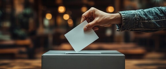 Close-up of a hand placing a white paper ballot into a voting box