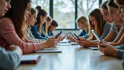A group of teenagers focused on their smartphones during a collaborative session in a bright space.