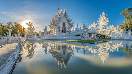 Obraz premium White Temple sunset reflection, Chiang Rai, Thailand. Peaceful travel destination.