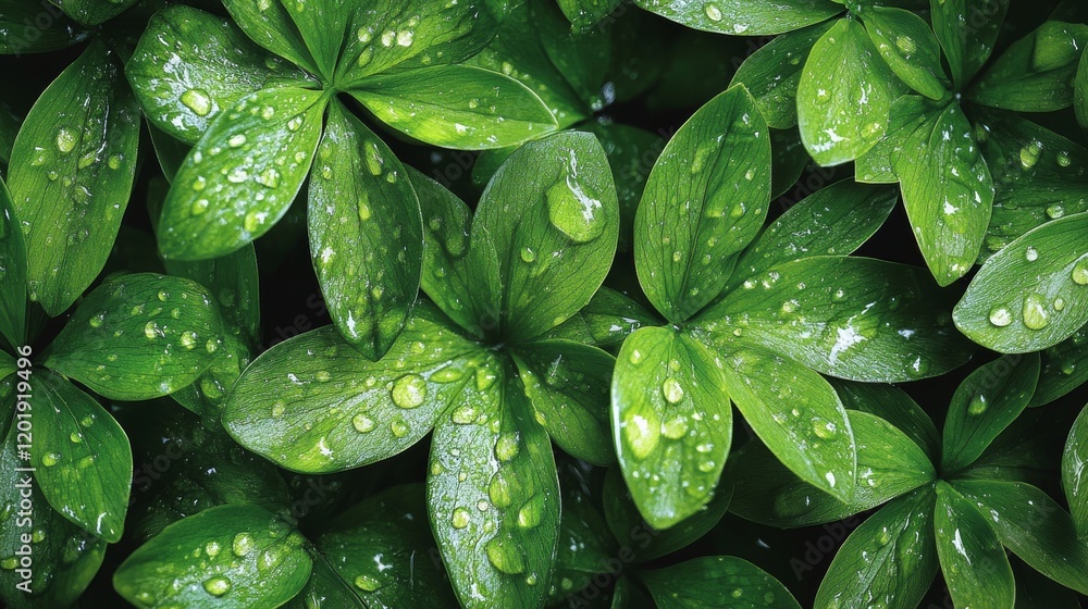 Poster lush green leaves adorned with sparkling raindrops creating a refreshing natural textural background
