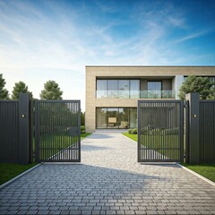 Elegant modern house with large glass windows, viewed through open automated gates. Paved driveway leads to a contemporary design, ideal for real estate and architecture visuals.