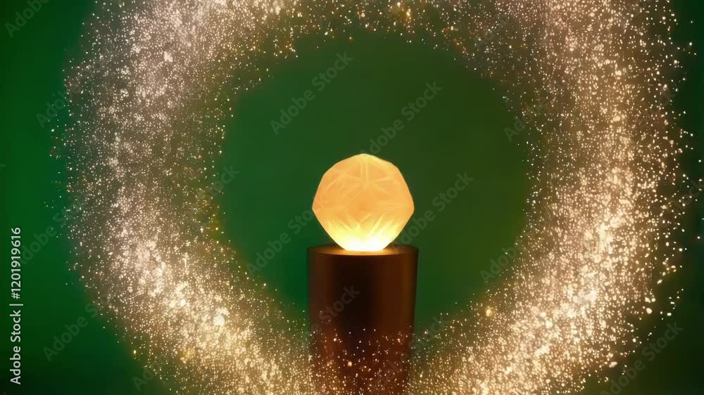 Poster luminous golden particles swirling dynamically around glowing polygonal lamp, generating magical vis