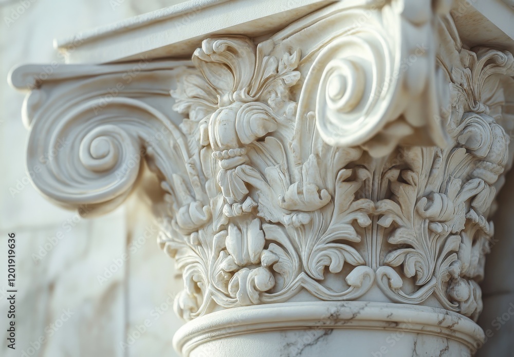 Poster ornate corinthian capital detailing on classical column showcasing intricate leaf patterns and elega