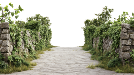 A serene pathway surrounded by lush greenery and stone walls, inviting exploration and peace. Perfect for nature and tranquility themes.