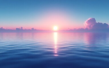Pink sunset over calm ocean, travel poster