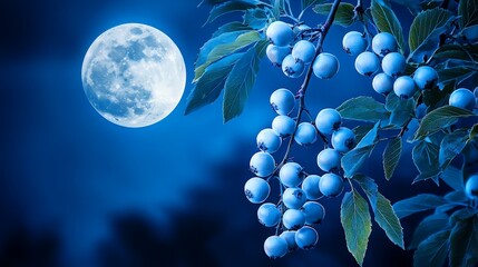 Night berries, full moon, dark trees.  Nature scene, peaceful mood.