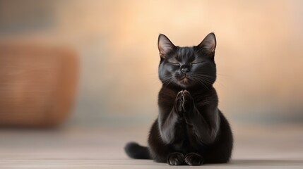 Adorable black cat meditating indoors with eyes closed and paws together
