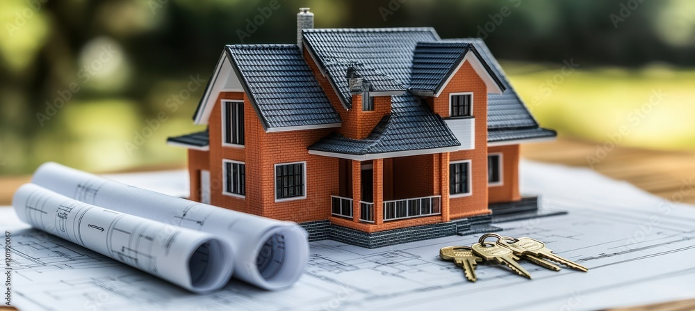 Poster realistic architectural model of a house with blueprint plans and keys showcasing home design concep