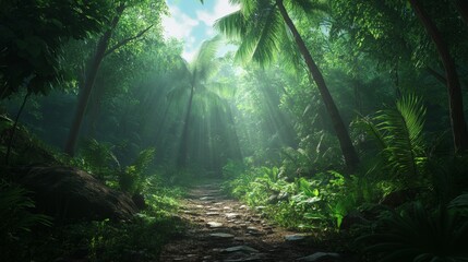 Lush forest with sunlight filtering through trees.