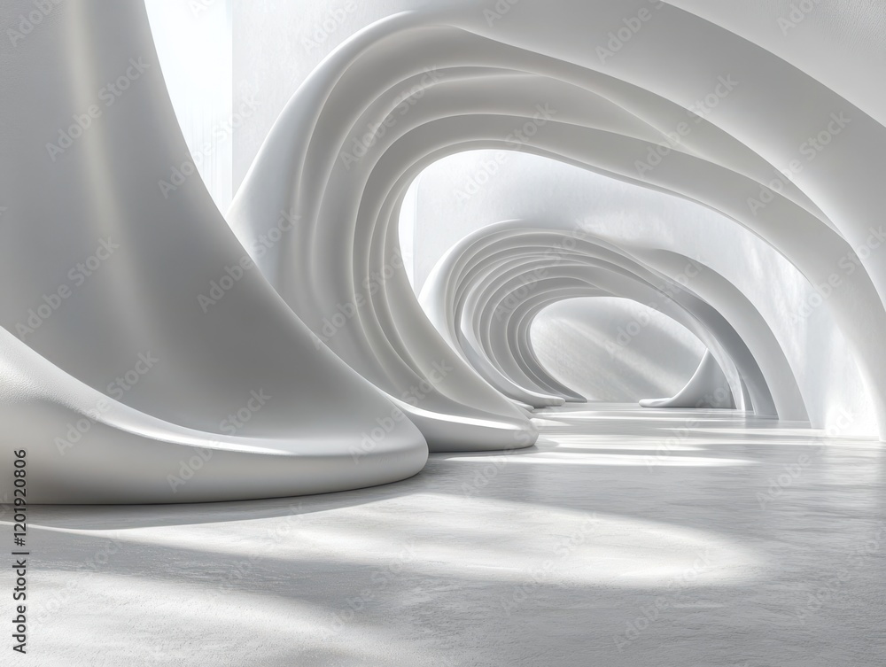 Poster serene and futuristic interior space with flowing white curves and soft lighting creating a dreamlik
