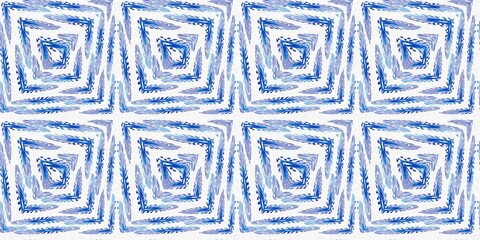 Geometric indigo shape seamless border. Irregular hand drawn batik texture for banner. Imperfect blue acid bleed swatch. 