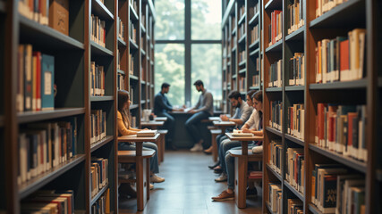 A serene library environment featuring bookshelves, natural light, and focused students at study tables.