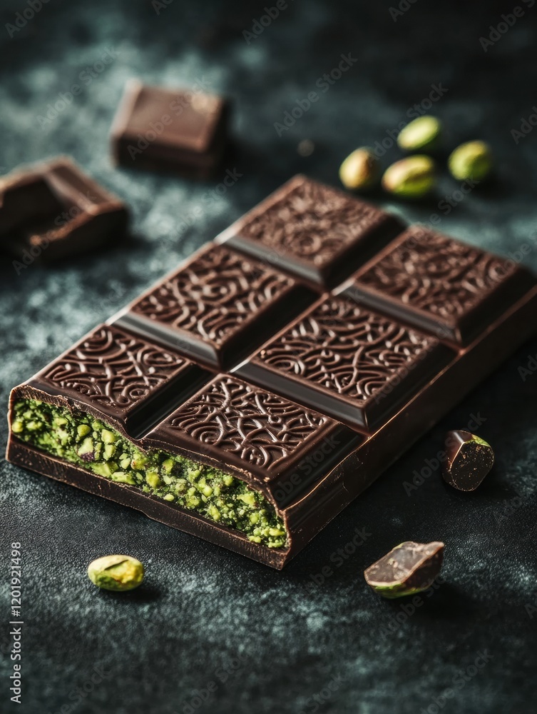 Poster decadent chocolate with rich pistachio filling displayed on an elegant golden plate surrounded by in