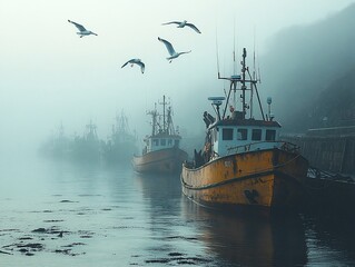Misty harbor, fishing boats at dawn, seagulls flying, calm water