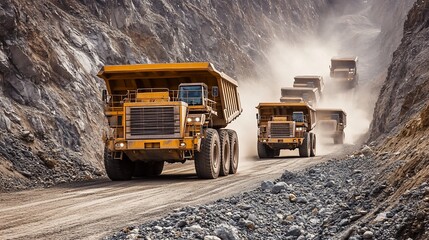 Mining trucks hauling ore in mountain quarry