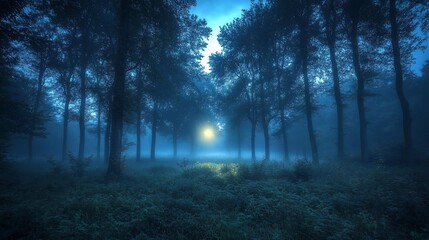 Misty dawn forest path, sunlight through trees. Wallpaper, background
