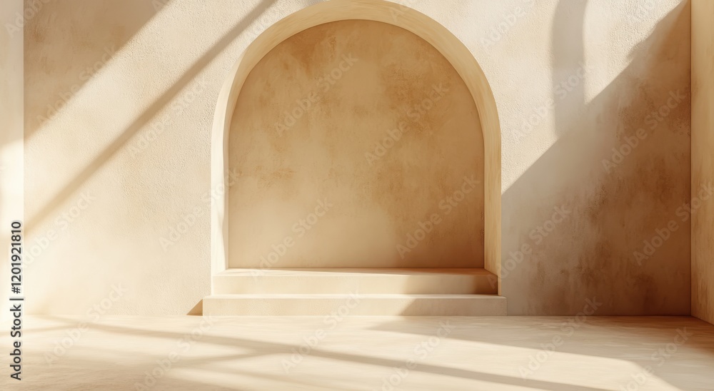 Poster serene empty interior with soft shadows and warm tones highlighting an arched niche ideal for minima
