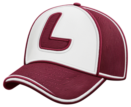 Stylish red and white baseball cap featuring an embroidered letter L isolated on transparent background.