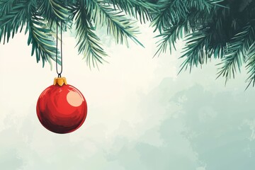 Elegant red ornament hanging from vibrant christmas tree branches. Festive design for holiday decorations and seasonal celebrations