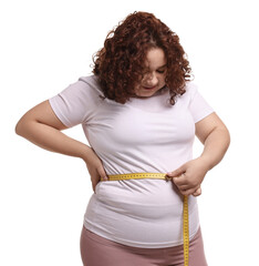 Weight loss. Plus size woman measuring waist with tape on white background
