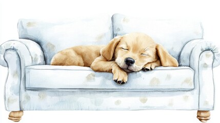 Pets house with luxury furniture. A sleeping puppy rests peacefully on a cozy couch.