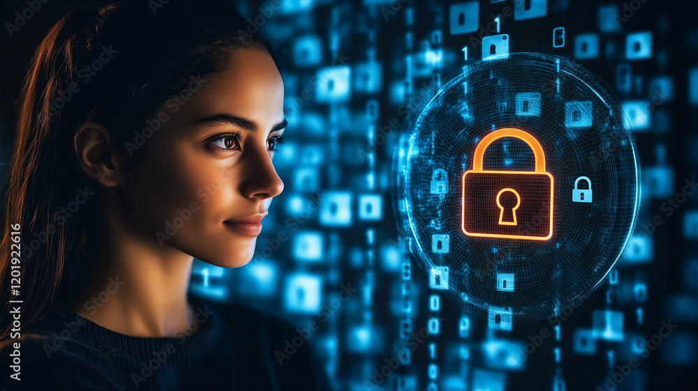 Poster cybersecurity focus: a young woman's profile is illuminated against a backdrop of flowing binary cod