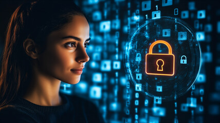 Cybersecurity Focus: A young woman's profile is illuminated against a backdrop of flowing binary code and a glowing padlock, symbolizing digital security and data protection.