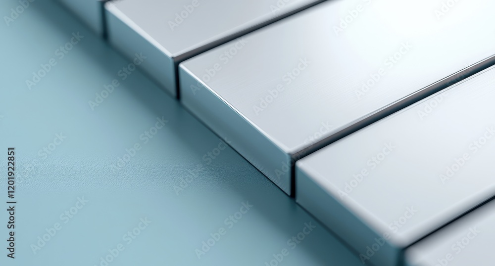 Poster smooth metallic surface with reflective glossy finish showcasing a series of rectangular blocks on a