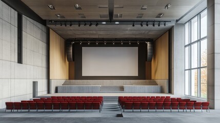 Modern auditorium with empty red seats.
