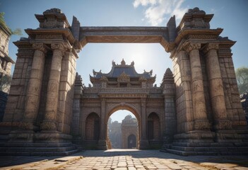 Obraz premium A grand entrance of an ancient temple with a large stone gate, Karnataka, stone gate
