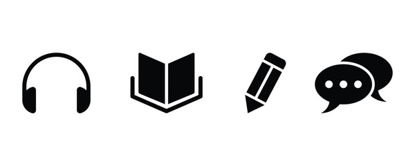 set of speaking listening reading writing education icon set. Language skill icon, logo vector illustration.