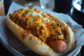A loaded hot dog with chili, cheese, and onions on a toasted bun