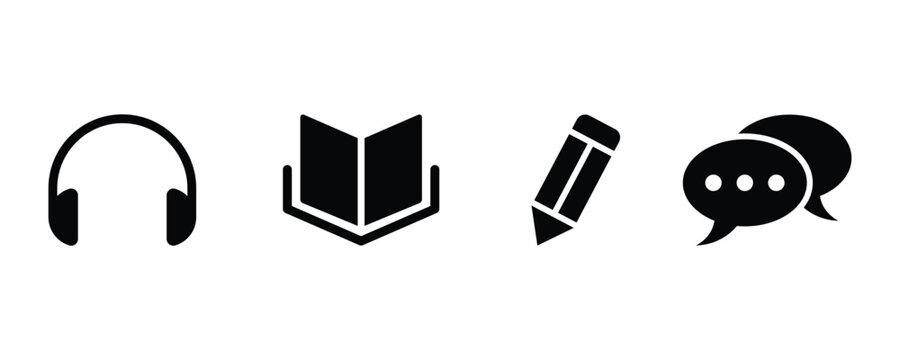 set of speaking listening reading writing education icon set. Language skill icon, logo vector illustration.