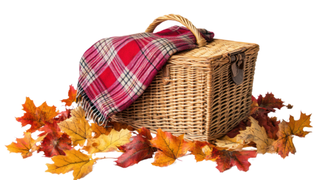A cozy picnic basket draped with a plaid blanket, surrounded by vibrant autumn leaves, perfect for fall gatherings or outdoor adventures.