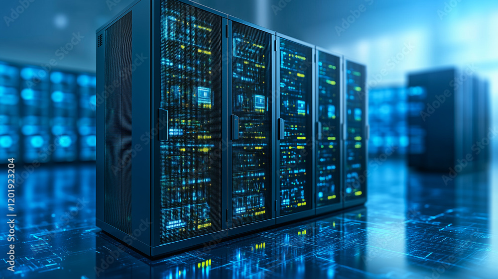Poster data center servers: rows of sleek, powerful servers illuminate a data center, their pulsating light