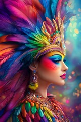 Naklejka premium Vibrant Carnival Dancer Portrait with Colorful Feathers