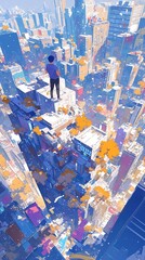 Obraz premium Man standing atop a high-rise building overlooking a sprawling futuristic city.