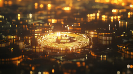Bitcoin Coin Radiating Golden Glow in a Dark Setting