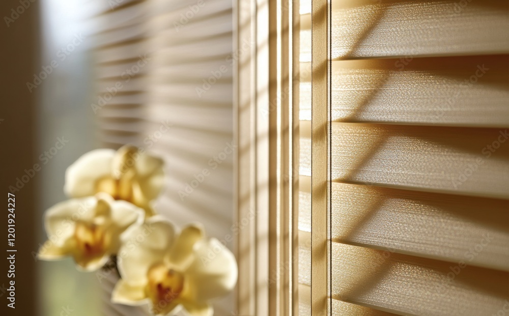 Poster soft natural light filtering through window blinds with delicate orchid blooms in the foreground, cr