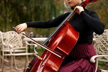 Young woman playing cello in park, closeup © New Africa