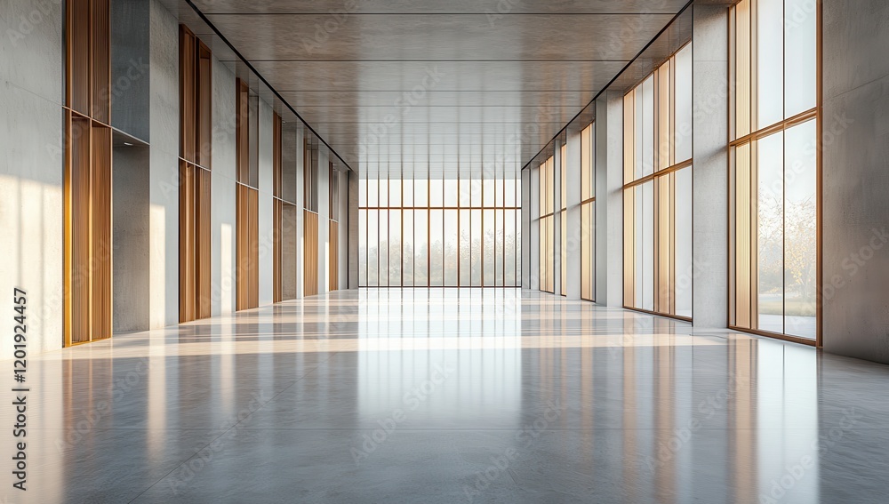 Poster spacious and modern empty interior with large windows and natural light, featuring a smooth concrete