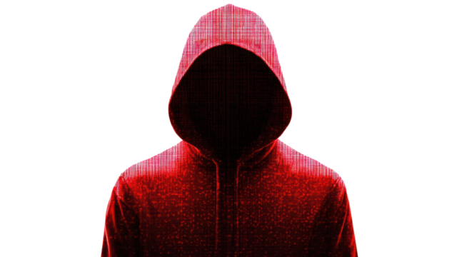 A mysterious figure in a red hoodie stands against a dark background, suggesting themes of anonymity and secrecy. Perfect for conceptual storytelling.