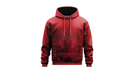 A vibrant red hoodie featuring a striking futuristic city skyline design, perfect for fashion enthusiasts looking for a unique style statement.
